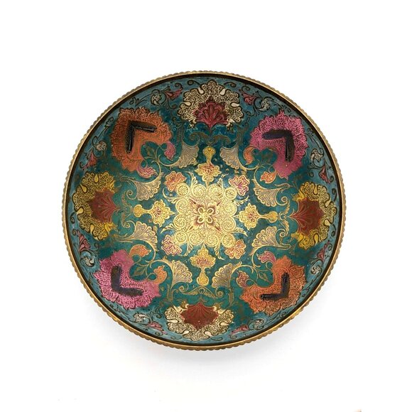 Vintage India Hand Painted Brass Bowl and Hand Engraved Floral Features - Picture 2 of 5